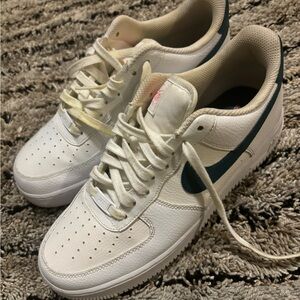 Nike women Air Force One, white with blue stripe and pink script/size 7 women 10